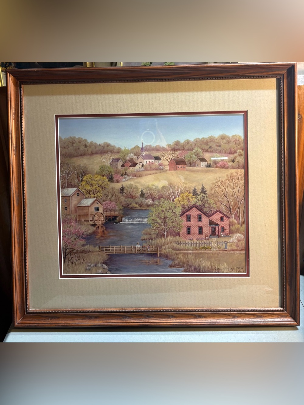 VTG Americana Colleen Eubanks Mill Folk Art Countryside Cottagecore Signed 22x20